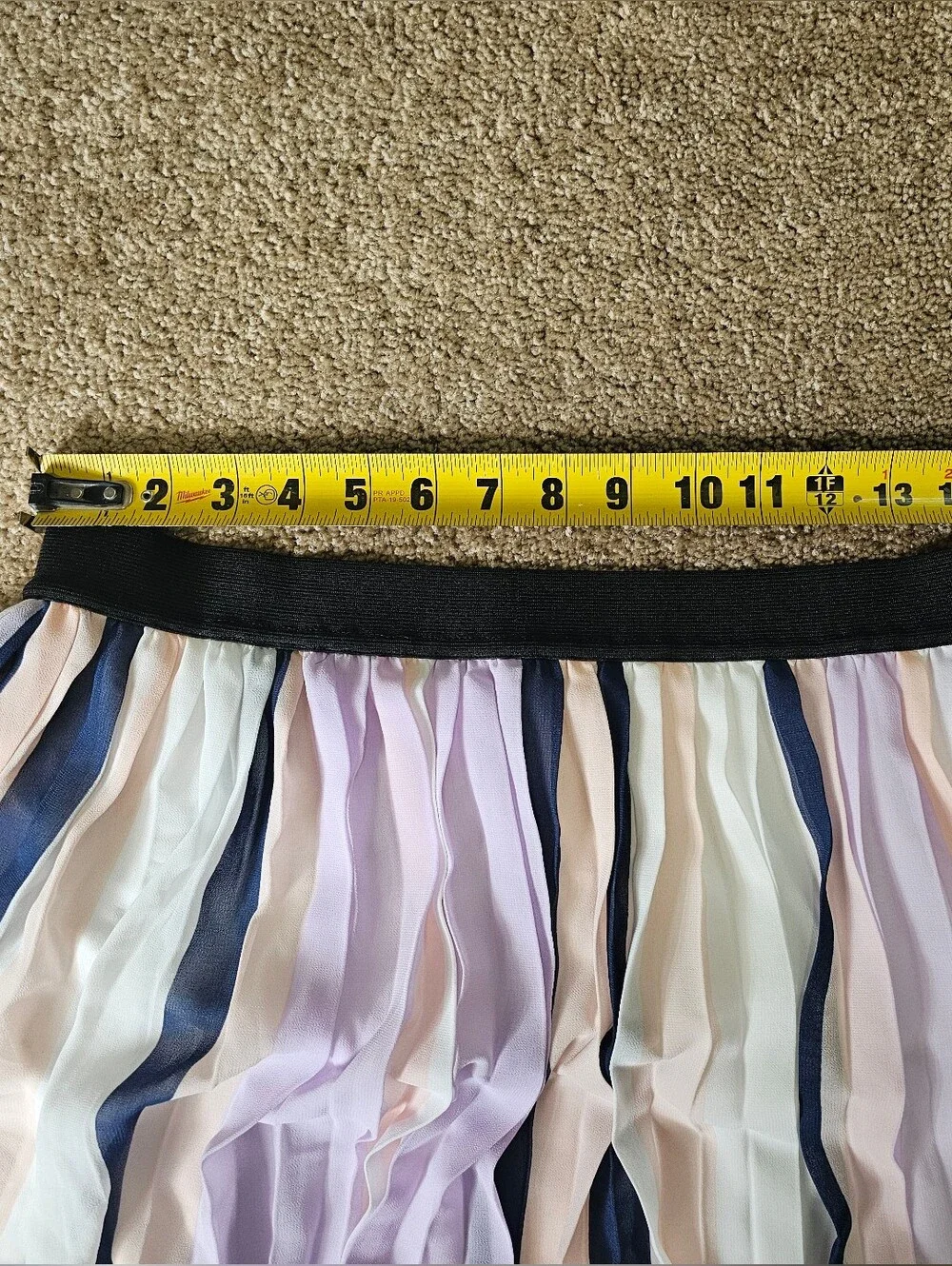 Elle Pastel Pleated Striped Midi Skirt with Navy Waistband Size L